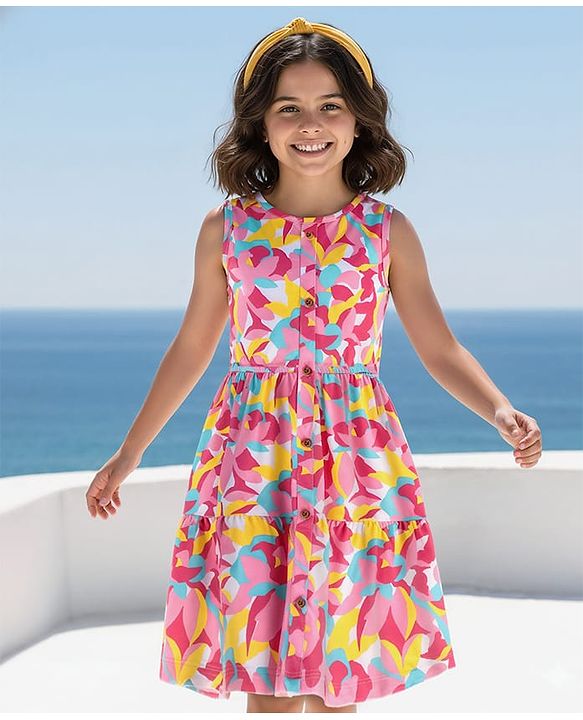 Pine Kids Cotton Knit Sleeveless A-Line Frock with Abstract Print - Dark Pink & Yellow