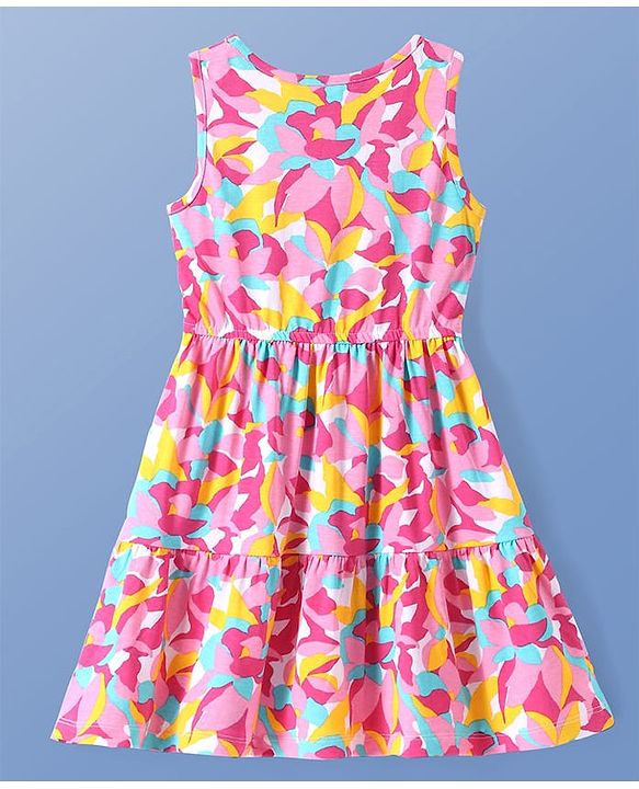 Pine Kids Cotton Knit Sleeveless A-Line Frock with Abstract Print - Dark Pink & Yellow
