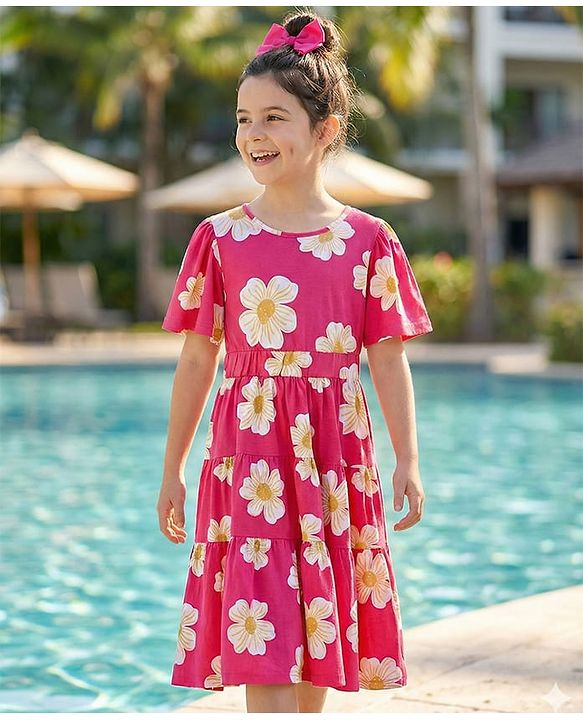 Pine Kids Cotton Knit Half Puffed Sleeves Tiered Frock With Floral Print - Fuchsia