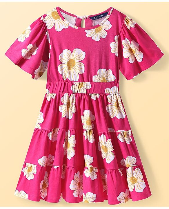 Pine Kids Cotton Knit Half Puffed Sleeves Tiered Frock With Floral Print - Fuchsia