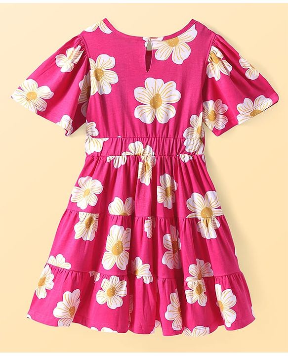 Pine Kids Cotton Knit Half Puffed Sleeves Tiered Frock With Floral Print - Fuchsia