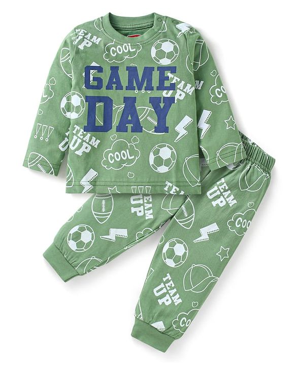 Babyhug 100% Cotton Single Jersey Knit Full Sleeves Night Suit With Game Day Text Print - Green
