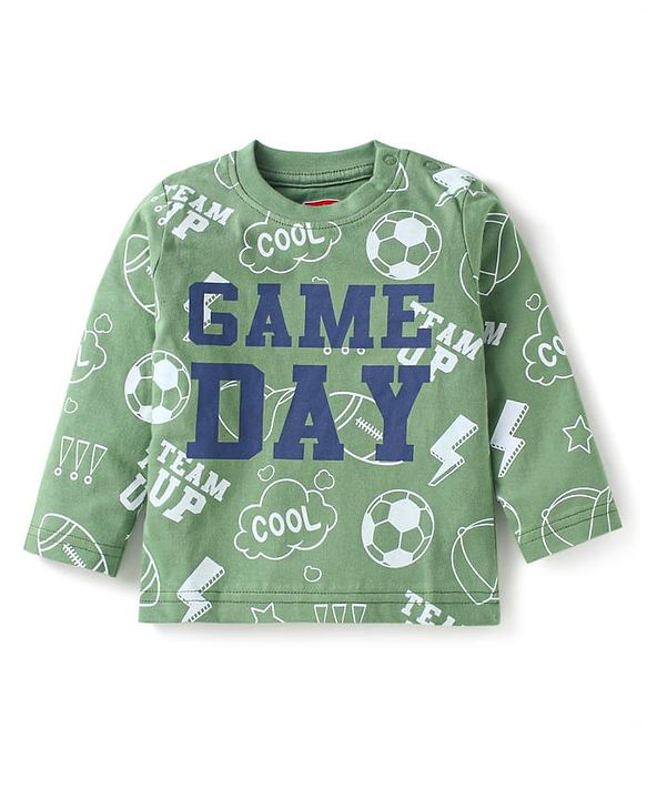 Babyhug 100% Cotton Single Jersey Knit Full Sleeves Night Suit With Game Day Text Print - Green