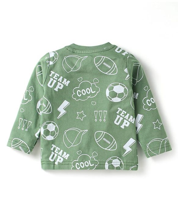 Babyhug 100% Cotton Single Jersey Knit Full Sleeves Night Suit With Game Day Text Print - Green