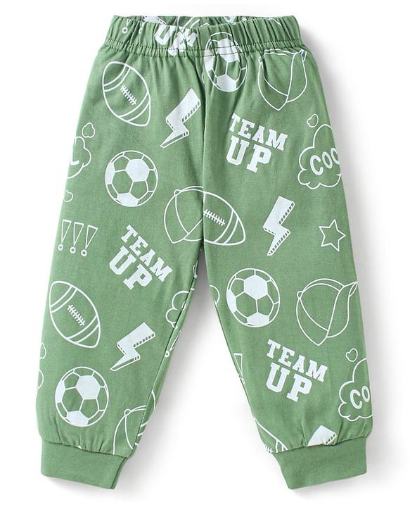 Babyhug 100% Cotton Single Jersey Knit Full Sleeves Night Suit With Game Day Text Print - Green