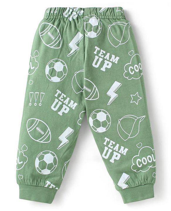 Babyhug 100% Cotton Single Jersey Knit Full Sleeves Night Suit With Game Day Text Print - Green