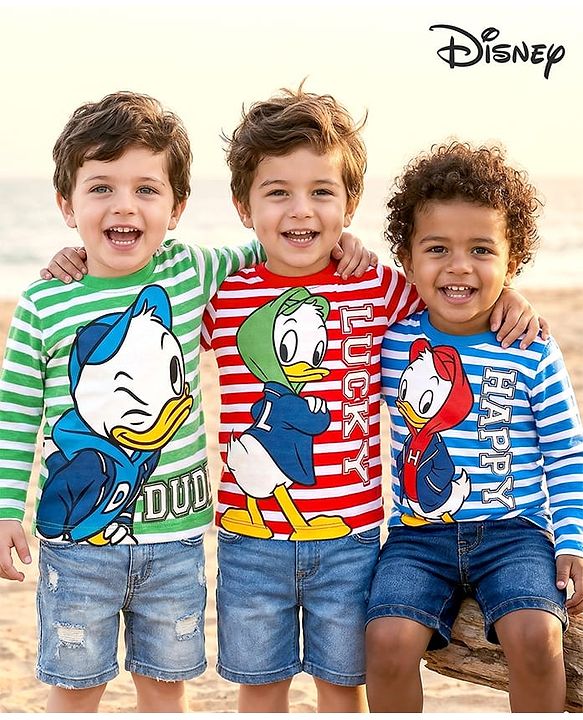 Babyhug Disney Single Jersey Knit Full Sleeves Striped T-Shirts With Donal Duck Graphics Pack of 3 - Red Blue & Green
