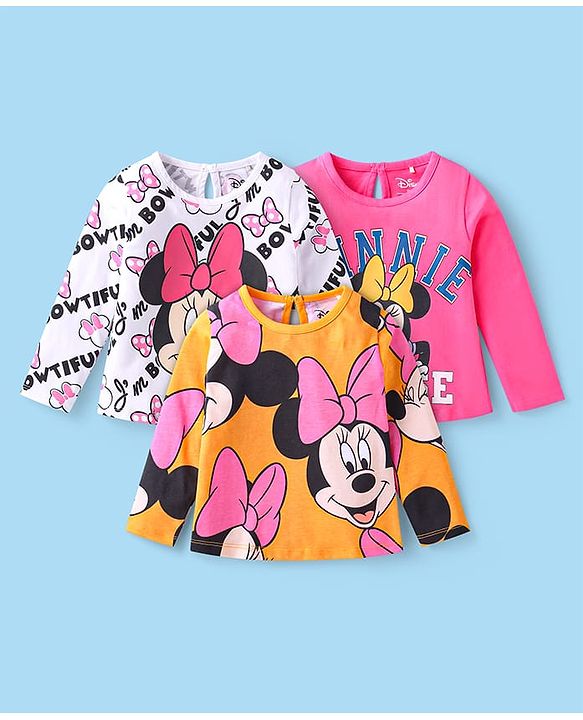 Babyhug Disney Single Jersey Knit Full Sleeves T-Shirts with Minnie Mouse Graphics Pack of 3 - Pink Yellow & White