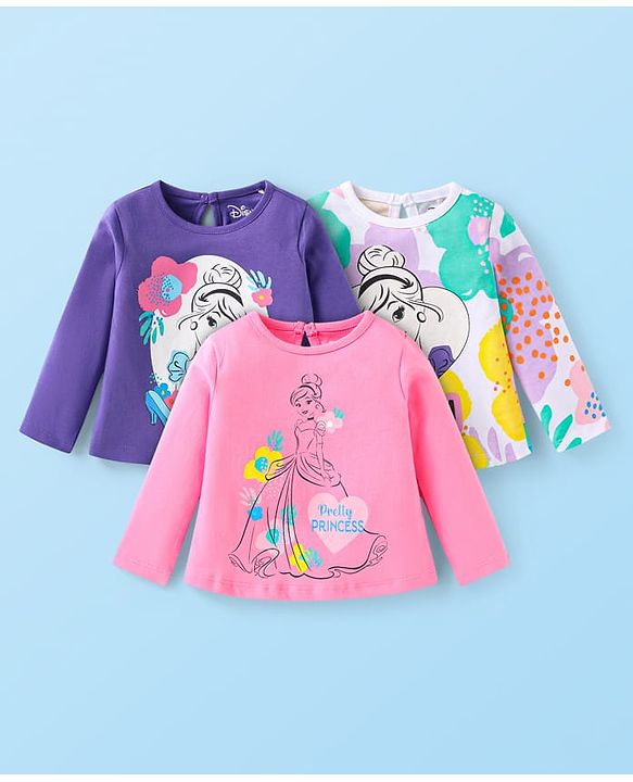 Babyhug Disney Single Jersey Knit Full Sleeves T-Shirts With Cinderella Graphics Pack of 3 - Purple & Pink