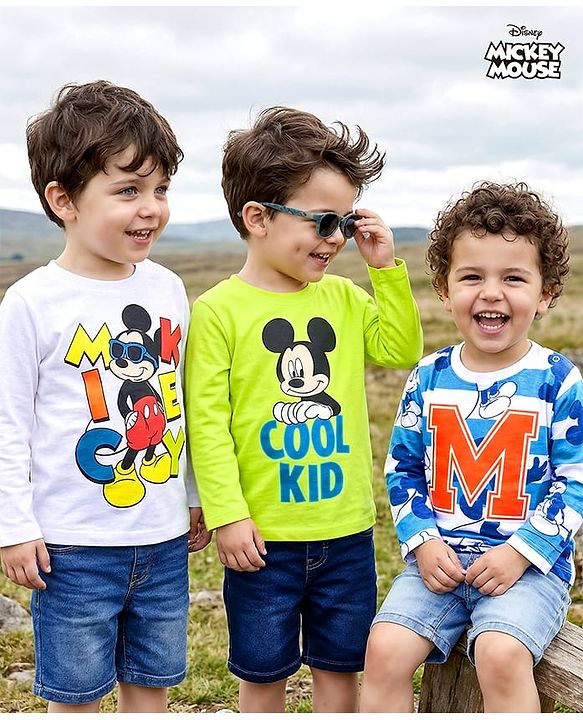 Babyhug Disney Single Jersey Knit Full Sleeves T-Shirts With Mickey Mouse Graphics Pack of 3 - White & Blue