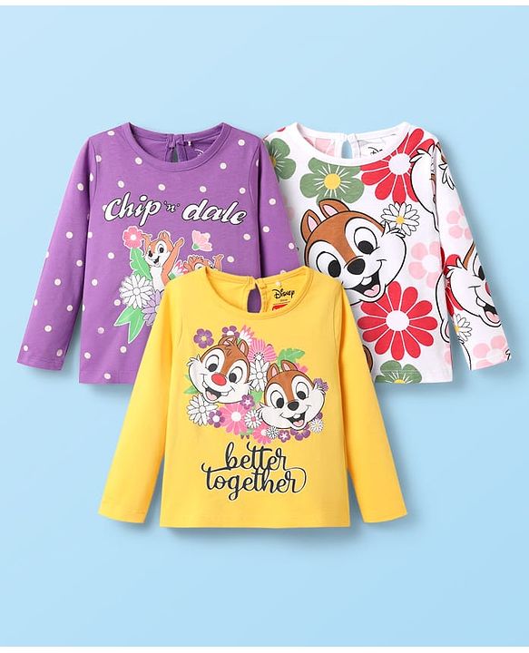 Babyhug Disney Single Jersey Knit Full Sleeves T-Shirts with Chip & Dale Graphics Pack of 3 - Yellow White & Purple