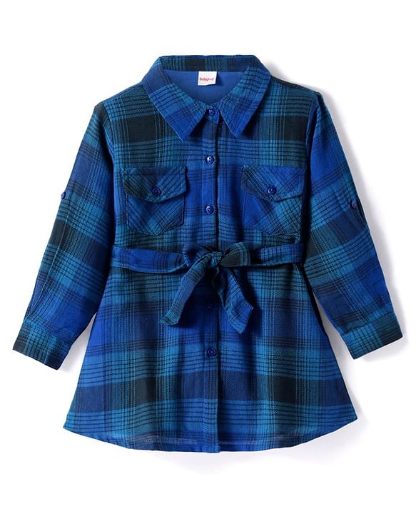 Babyhug Cotton Woven Full Sleeves Checkered Collared Frock with Leggings - Blue