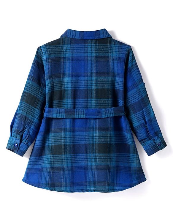 Babyhug Cotton Woven Full Sleeves Checkered Collared Frock with Leggings - Blue