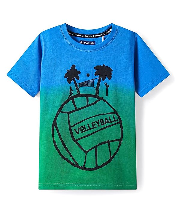 Pine Kids Cotton Knit Half Sleeves T-Shirt with Text Print - Blue & Green