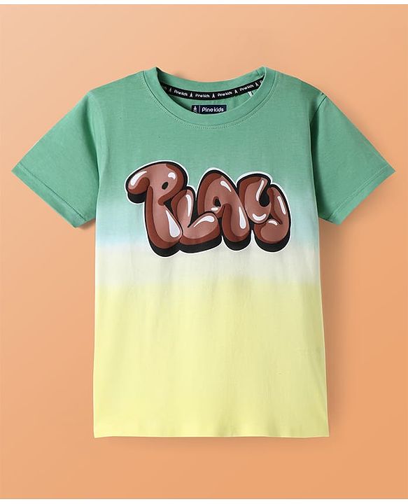 Pine Kids Cotton Knit Half Sleeves T-Shirt with Text Print - Green & Yellow
