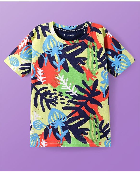 Pine Kids Cotton Knit Half Sleeves Tropical Printed T-Shirt - White
