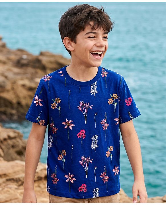 Pine Kids Cotton Knit Half Sleeves T-Shirt with Floral Print - Navy Blue