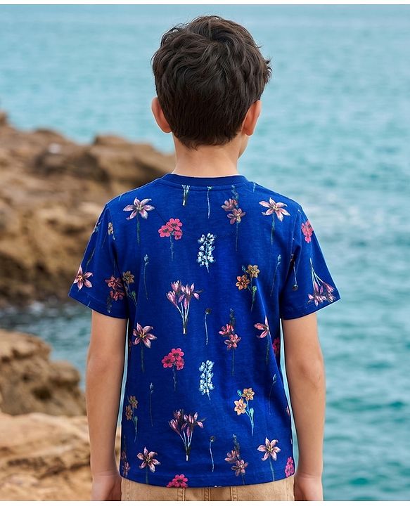 Pine Kids Cotton Knit Half Sleeves T-Shirt with Floral Print - Navy Blue