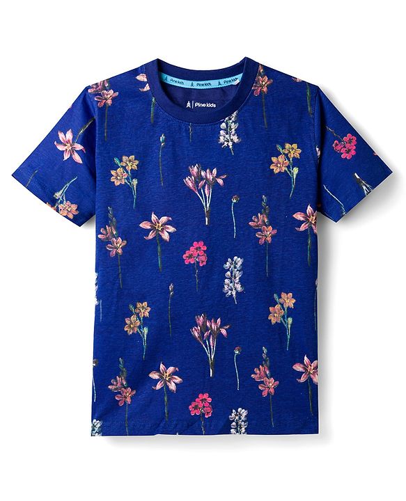 Pine Kids Cotton Knit Half Sleeves T-Shirt with Floral Print - Navy Blue