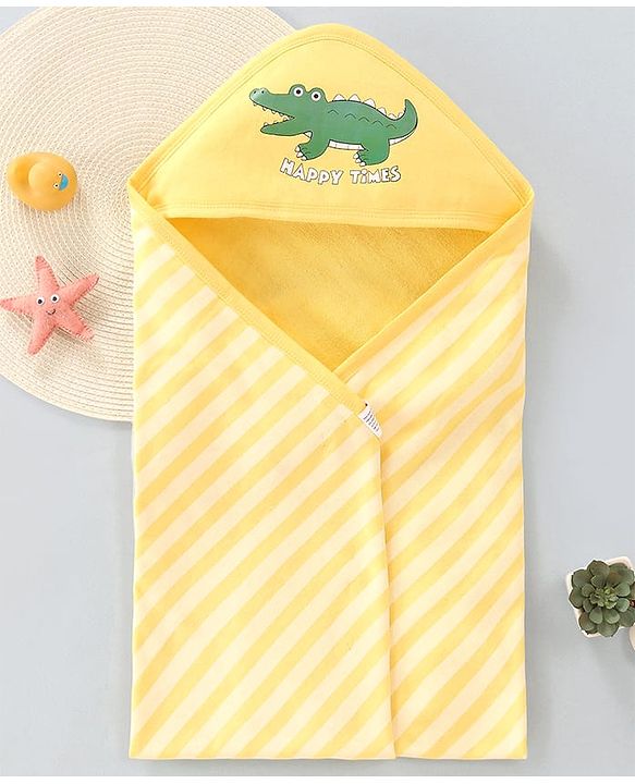 Babyhug Cotton Knit Hooded Wrapper with Crocodile Print & Stripes L 76 x B 76 cm - Yellow