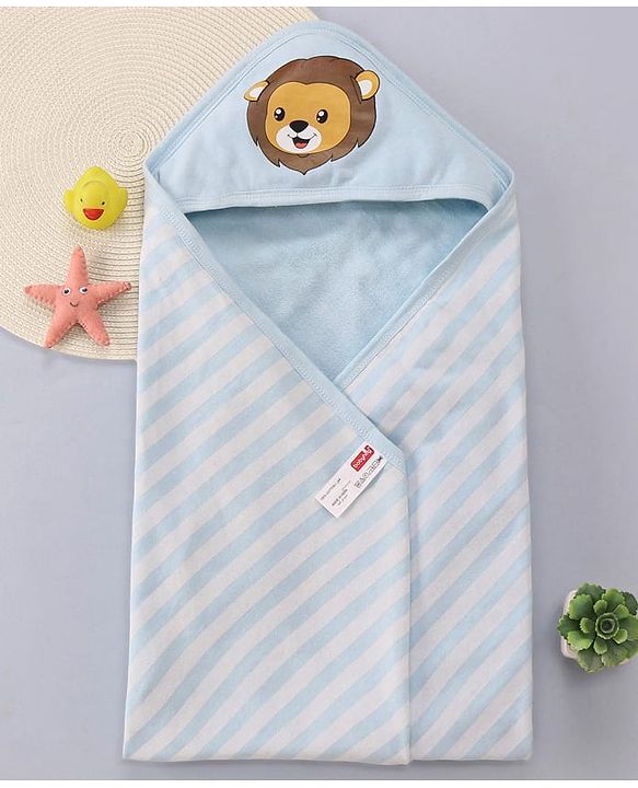 Babyhug Terry Knit Hooded Wrapper with Stripes & Lion Print L 76 x B 76 cm - Light Blue