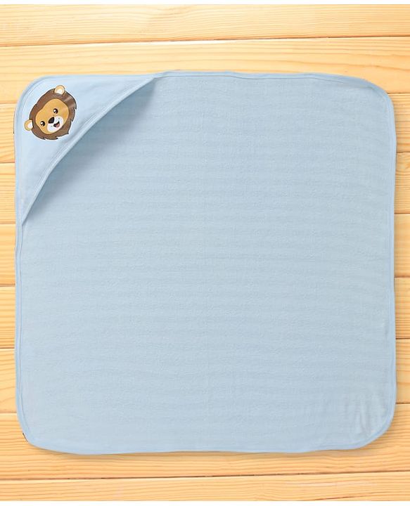 Babyhug Terry Knit Hooded Wrapper with Stripes & Lion Print L 76 x B 76 cm - Light Blue