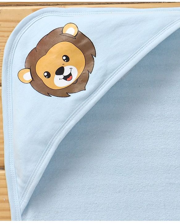 Babyhug Terry Knit Hooded Wrapper with Stripes & Lion Print L 76 x B 76 cm - Light Blue