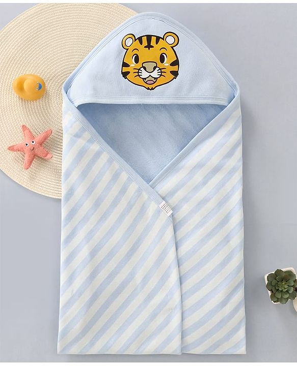 Babyhug Cotton Knit Hooded Wrapper with Tiger Print L 76 x B 76 cm - Light Blue