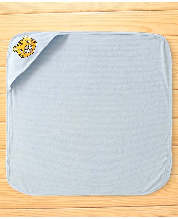 Babyhug Cotton Knit Hooded Wrapper with Tiger Print L 76 x B 76 cm - Light Blue