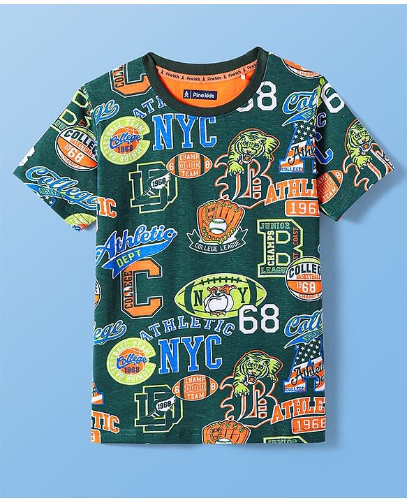 Pine Kids Cotton Knit Half Sleeves T-Shirt with Text Print - Green