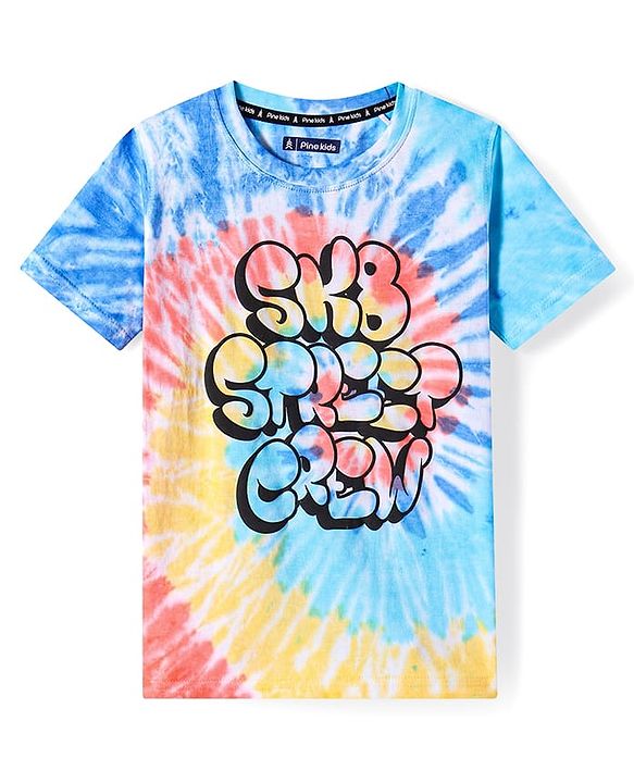 Pine Kids Cotton Knit Half Sleeves Tie & Dye T-Shirt with Text Print - White