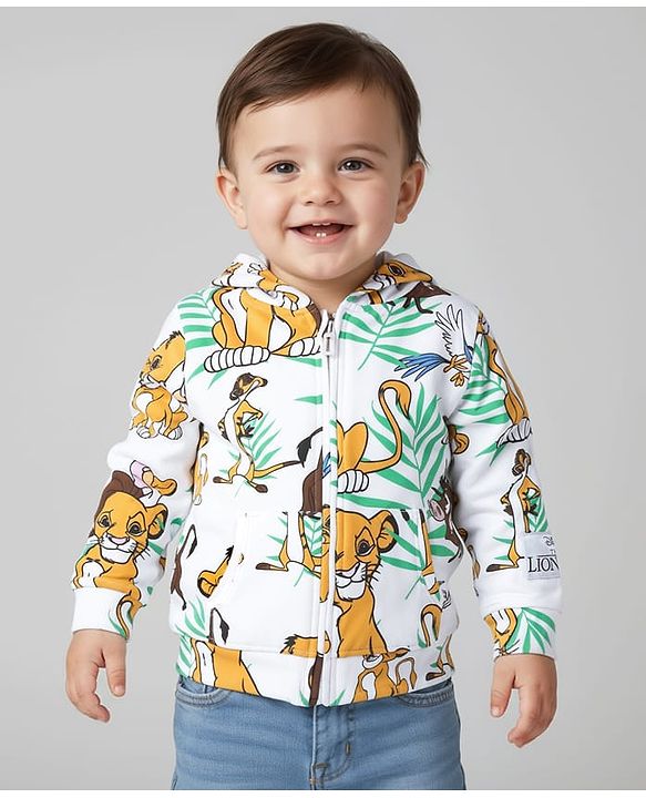 Babyhug Disney Terry Knit Full Sleeves Hooded Sweatjacket With Simba & Friends Print Kangaroo Pockets - White