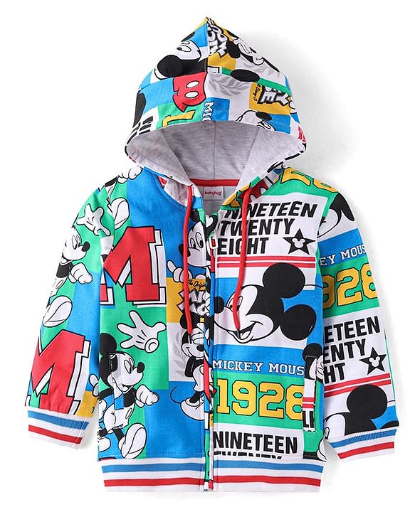 Babyhug Disney Terry Knit Full Sleeves Hooded Sweatjacket with Mickey Mouse Print - Green Blue & Red