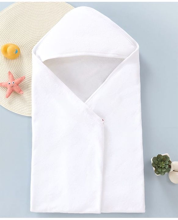 Babyhug Cotton Knit Solid Hooded Wrapper L 76 x B 76 cm - White