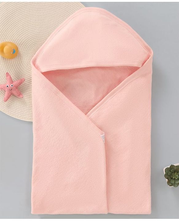 Babyhug Cotton Knit Solid Hooded Wrapper L 76 x B 76 cm - Light Pink