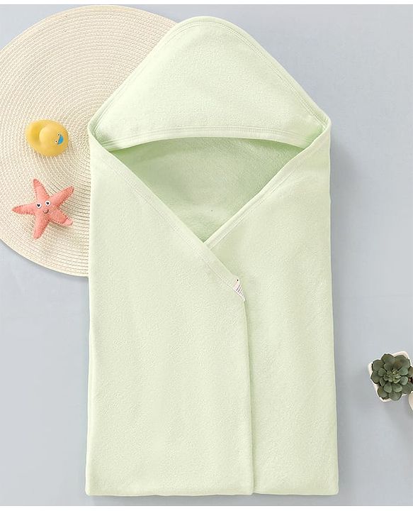 Babyhug Cotton Knit Solid Hooded Wrapper L 76 x B 76 cm - Light Green