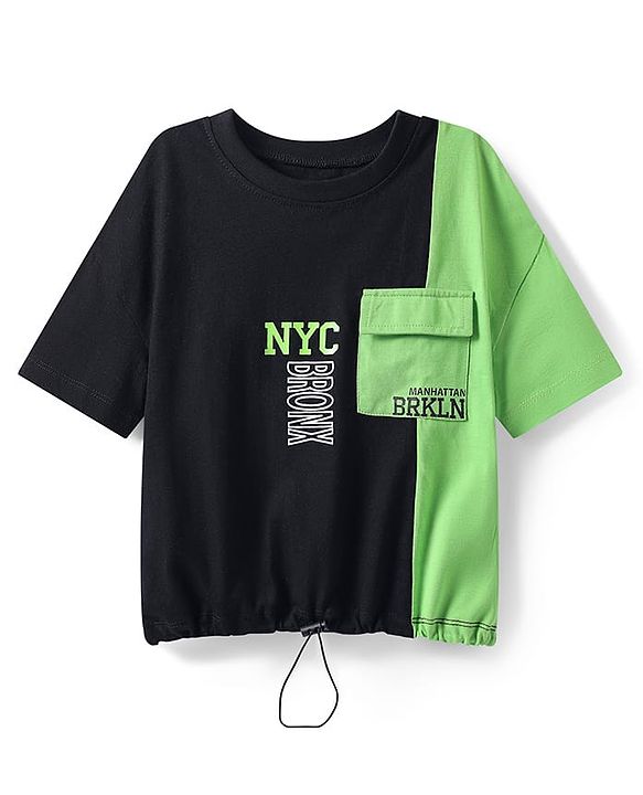Pine Kids Cotton Knit Half Drop Shoulder Sleeves Text Printed T-Shirt with Cut & Sew Design - Black