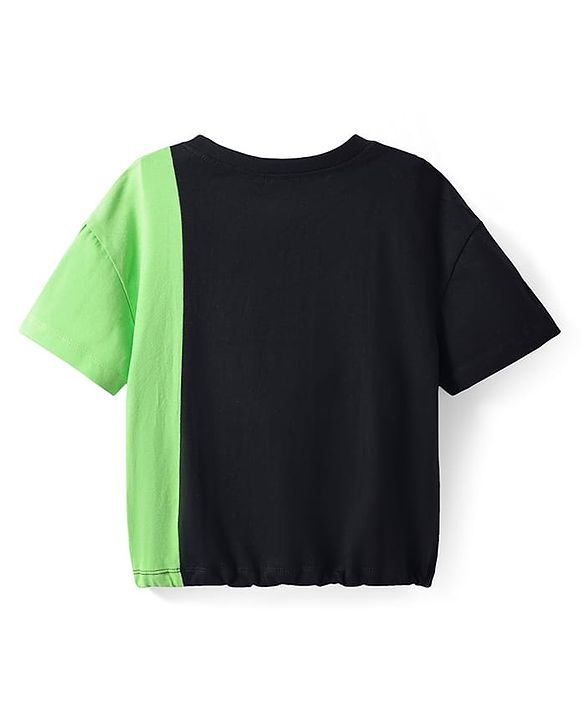 Pine Kids Cotton Knit Half Drop Shoulder Sleeves Text Printed T-Shirt with Cut & Sew Design - Black