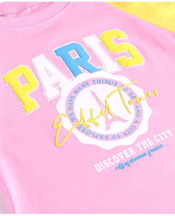 Pine Kids Cotton Knit Half Raglan Sleeves T-Shirt With Paris Print - Pink