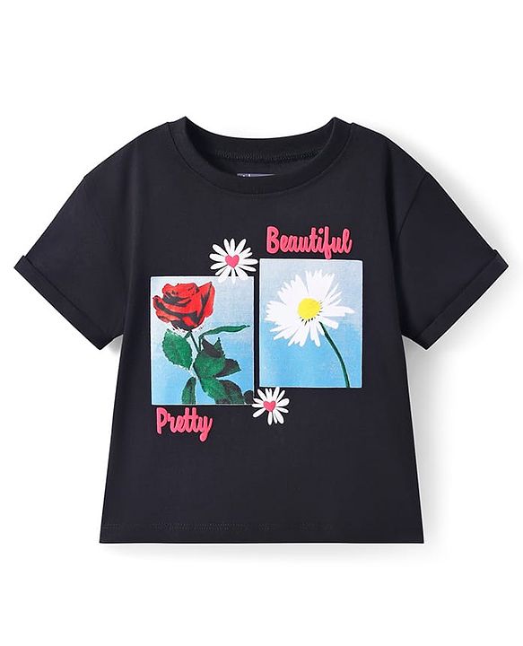 Pine Kids Cotton Knit Half Drop Shoulder T-Shirt with Floral Print - Black