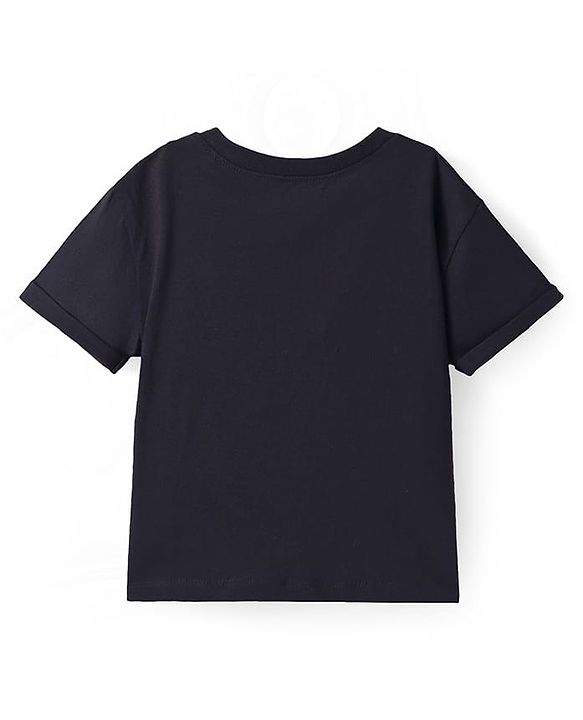 Pine Kids Cotton Knit Half Drop Shoulder T-Shirt with Floral Print - Black