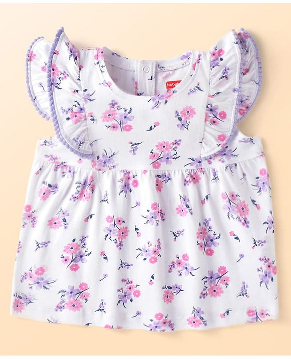 Babyhug Single Jersey Knit Cap Sleeves Floral Printed Top & Shorts Set - White & Purple
