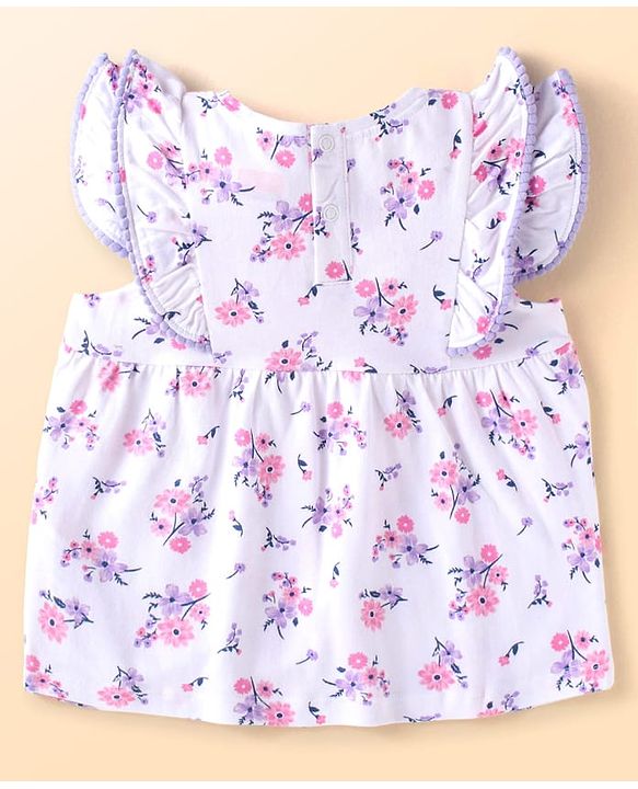 Babyhug Single Jersey Knit Cap Sleeves Floral Printed Top & Shorts Set - White & Purple