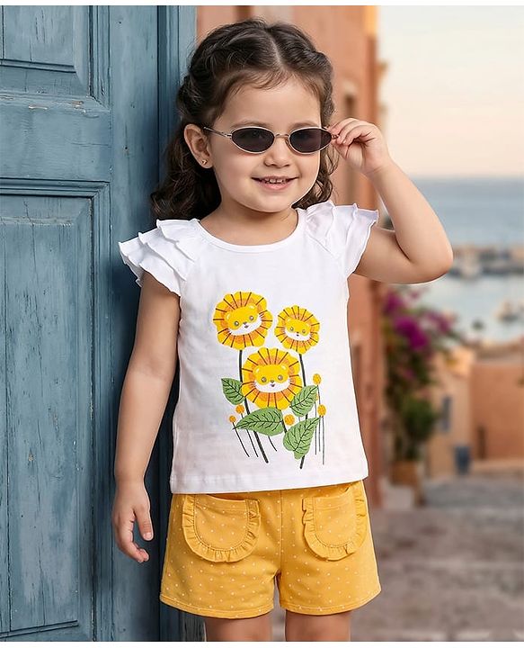 Babyhug Single Jersey Knit Frill Sleeves Floral Printed Top & Shorts Set - White & Yellow