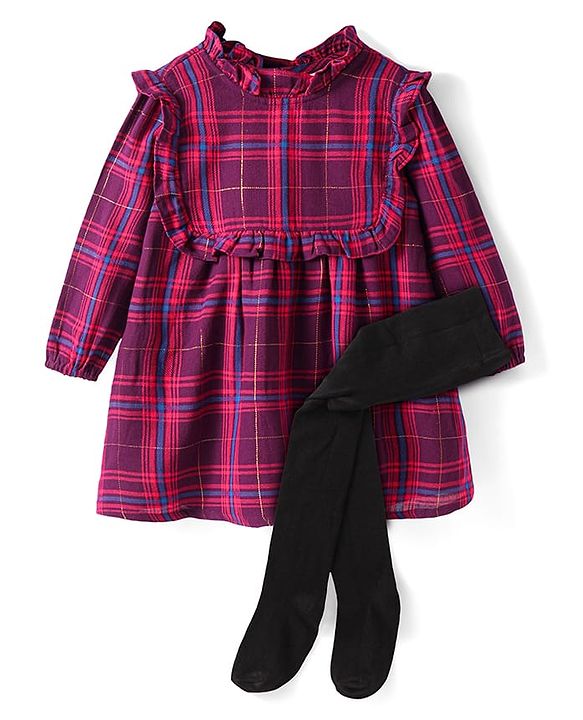 Babyhug Cotton Woven Full Sleeves Checkered Frock with Leggings - Red