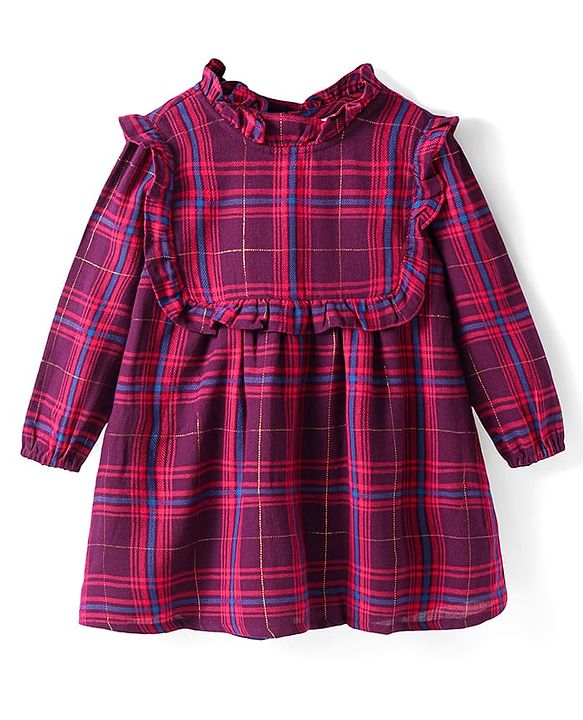 Babyhug Cotton Woven Full Sleeves Checkered Frock with Leggings - Red