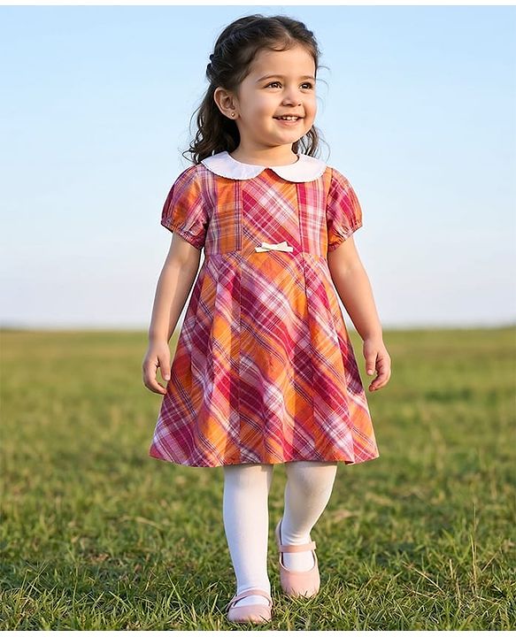 Babyhug Cotton Woven Half Sleeves Checkered Frock With Peter Pan Collar & Stockings - Dark Pink