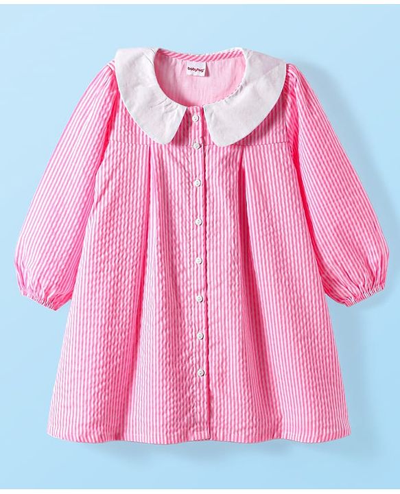 Babyhg Cotton Woven Full Sleeves Striped Frock With Peter Pan Collar & Bloomer - Pink