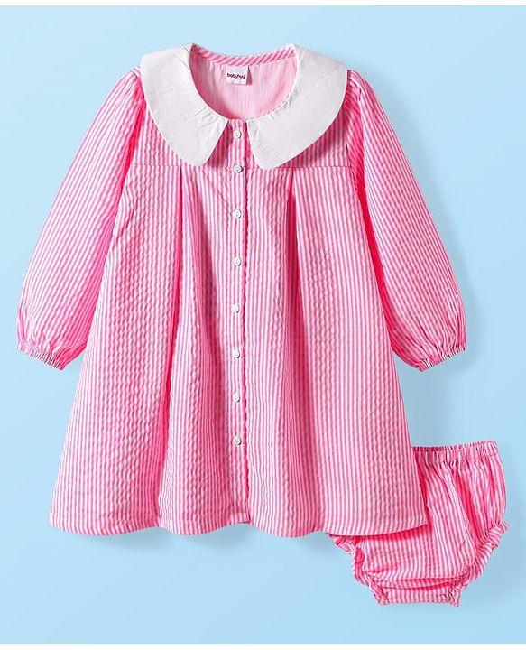 Babyhg Cotton Woven Full Sleeves Striped Frock With Peter Pan Collar & Bloomer - Pink