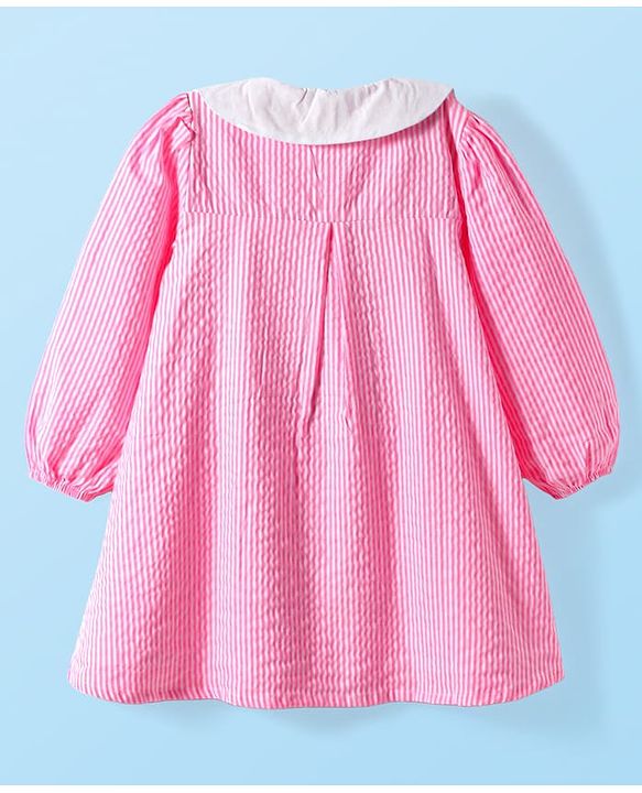 Babyhg Cotton Woven Full Sleeves Striped Frock With Peter Pan Collar & Bloomer - Pink